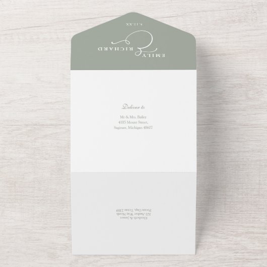 Elegante kalligrafie script Sage Green Wedding All In One Uitnodiging (Buitenkant)