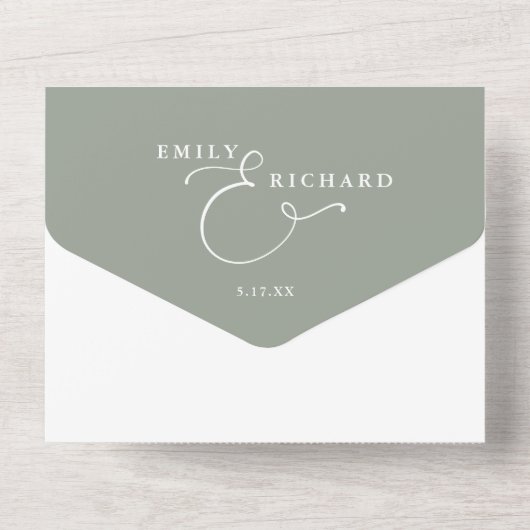 Elegante kalligrafie script Sage Green Wedding All In One Uitnodiging (Achterkant)