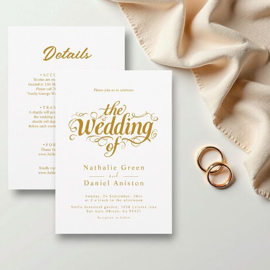 Elegante kalligrafie script wit en goud bruiloft kaart