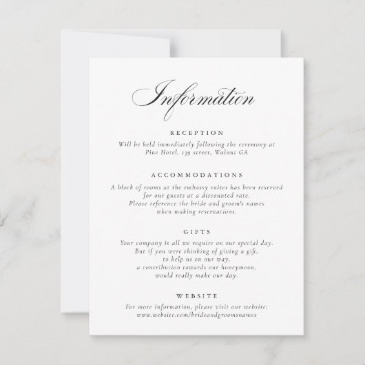 Elegante kalligrafie scriptuur trouwinformatie kaart (Voorkant)