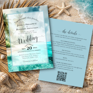 Elegante kalligrafie Tropisch strand QR-code bruil Kaart