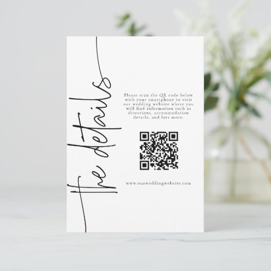 Elegante kalligrafie trouwdetails QR-code Informatiekaartje (Staand voorkant)