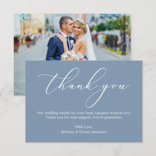 Elegante kalligrafie Trouwfoto Dusty Blue Bedankkaart
