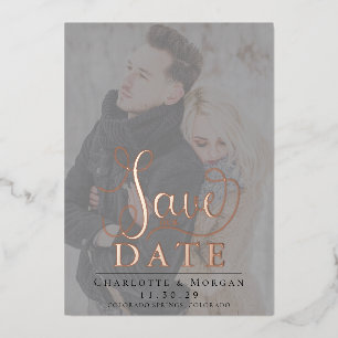 Elegante kalligrafie Twee foto Save the Date Roos Folie Uitnodiging