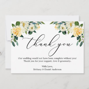 Elegante kalligrafie waterverf geel witte bloemen bedankkaart