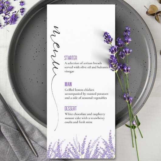 Elegante kalligrafie Waterverf lavendel bruiloft Menu