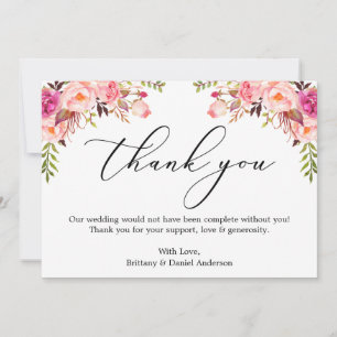 Elegante kalligrafie waterverf roze bloemen bedankkaart