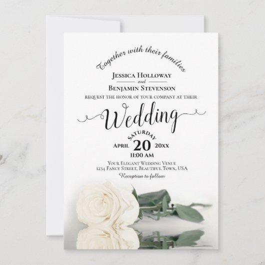 Elegante kalligrafie White Rose QR Code Wedding Kaart (Voorkant)