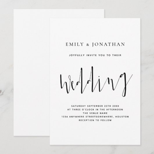 Elegante kalligrafie zwart-wit bruiloft kaart (Voorkant / Achterkant)