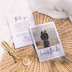 Elegante kalligrafie zwart & wit foto bruiloft bedankkaart