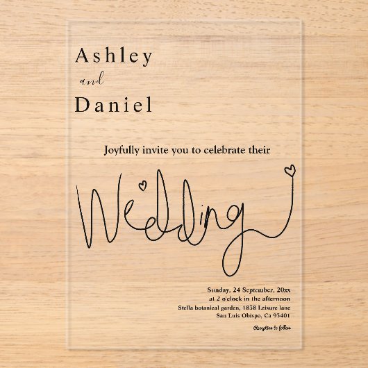 Elegante kalligrafie zwart-wit moderne bruiloft acryl uitnodigingen (Voorkant)