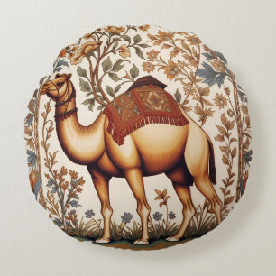 Elegante Kameel William Morris Geïnspireerde Bloem Rond Kussen