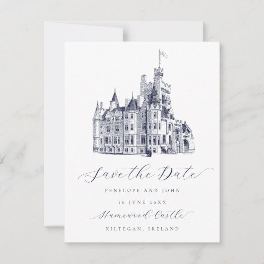 Elegante Kasteel Illustratie Script Wedding Save The Date (Voorkant)