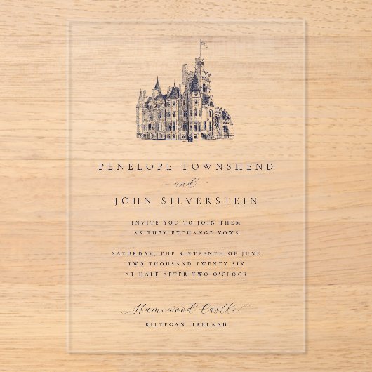 Elegante Kasteelillustratie Bruiloft Acryl Uitnodigingen (Voorkant)