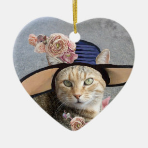ELEGANTE KAT, GROOT DIVA-HOED EN ROZEN Valentijnsh Keramisch Ornament