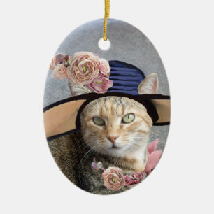ELEGANTE KAT, GROOT DIVA HOED, ROZEN Valentijns So Keramisch Ornament