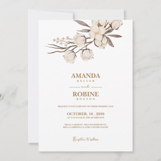 Elegante katoenen bloem bruiloft uitnodiging (Voorkant)