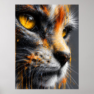 Elegante katportret in levendig oranje en grijs  poster