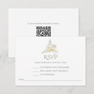 Elegante Kerk Bloemige Waterverf QR Code Bruiloft RSVP Kaartje