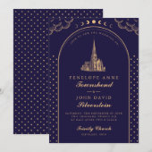 Elegante kerk Paarse gouden art deco bruiloft Kaart (Voorkant / Achterkant)