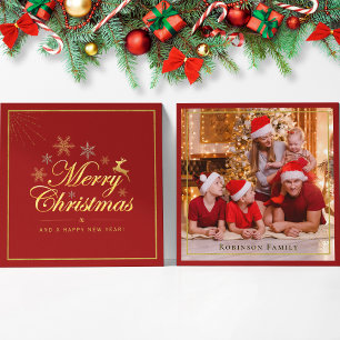 Elegante kerst 1 foto rood en goud script notitiekaartje