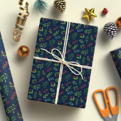 Elegante Kerst Berry en Blad Patroon Marine Blauw Cadeaupapier
