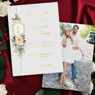 Elegante Kerst Bloemen Monogram Save the Date Folie Uitnodiging