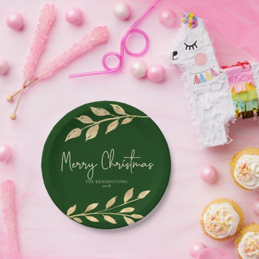 Elegante kerst goud bladeren bos groen papieren bordje (Feest)