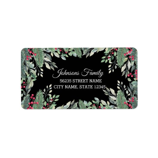 Elegante kerst groen rode bessen zwart etiket (Voorkant)