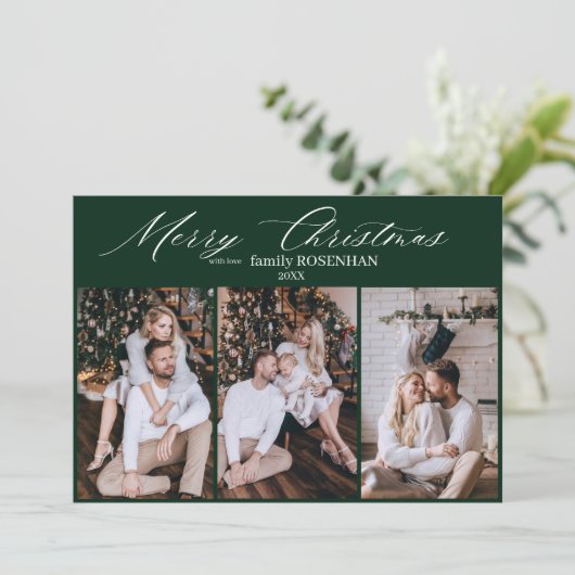 Elegante Kerst Modern 3 Foto Collage Groen Feestdagenkaart (Staand voorkant)