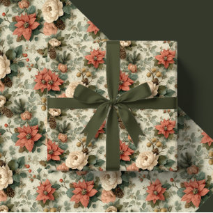 Elegante Kerst Peach en Crème Bloemencadeau Cadeaupapier