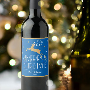 Elegante kerst rendieren feestelijk blauw goud wijn etiket