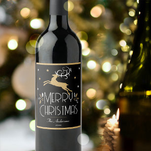 Elegante kerst rendieren feestelijk zwart goud wijn etiket