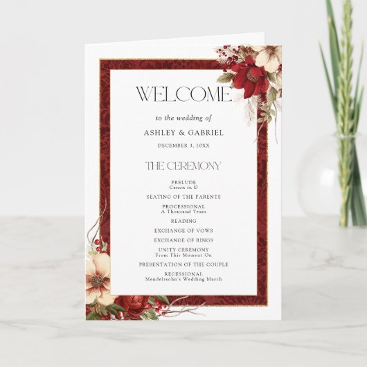 Elegante Kerst Rode Damast Bloemen Programma (Voorkant)