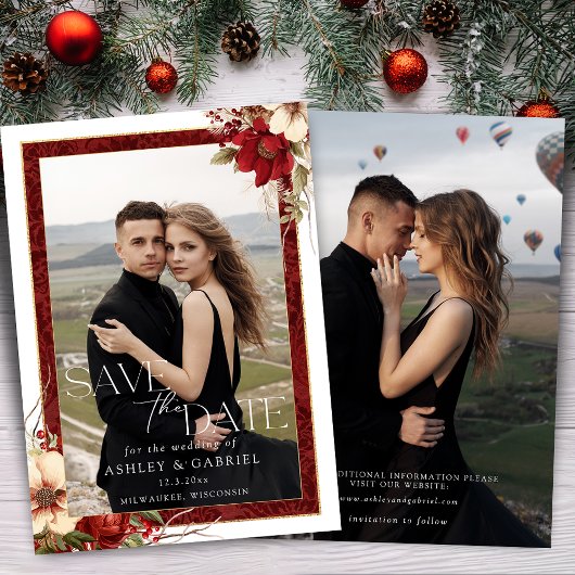 Elegante Kerst Rode Damast Bloemenfoto Save The Date