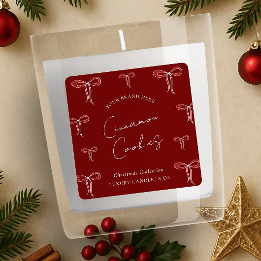 Elegante Kerst Rood & Wit Bogen Kaarsenpot Vierkante Sticker
