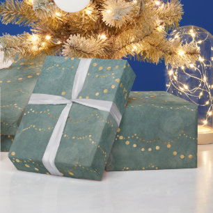 Elegante kerst slingerlichten goud/teal cadeaupapier