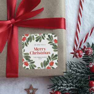 Elegante kerst Waterverf groen rode bessen Vierkante Sticker