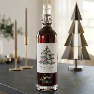 Elegante Kerst Waterverf Kerstboom Wijn Etiket