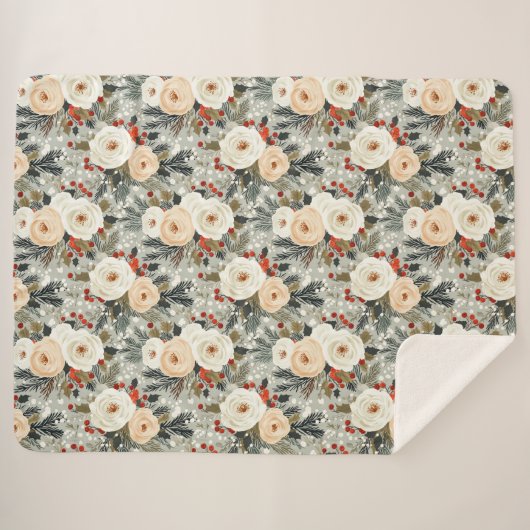 Elegante Kerst Witte Rozen & Rode Winter Berry Sherpa Deken (Voorkant (horizontaal))