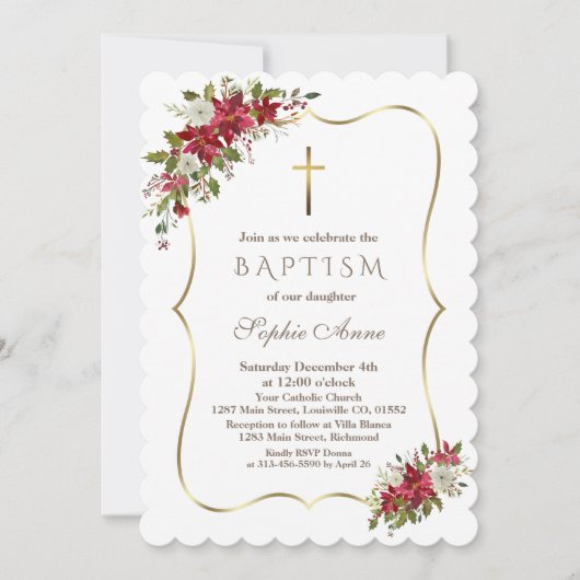 Elegante Kerst Xmas Rood Witte Poinsettia Doop Kaart (Voorkant)