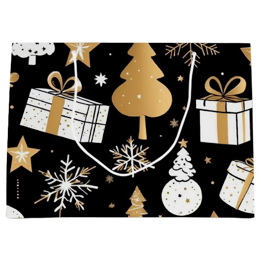 Elegante Kerst Zwart Goud White Line Art Groot Cadeauzakje (Voorkant)