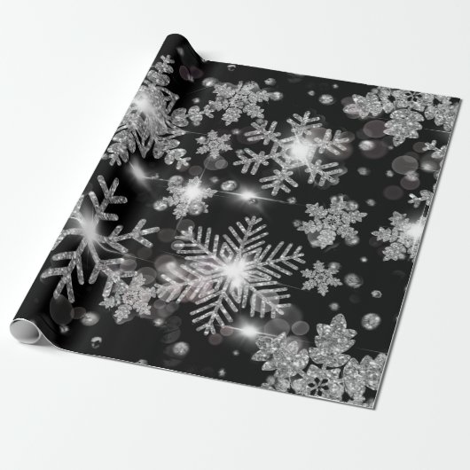 Elegante Kerst zwarte witte zilveren sneeuwvlokken Cadeaupapier (Uitgerold)