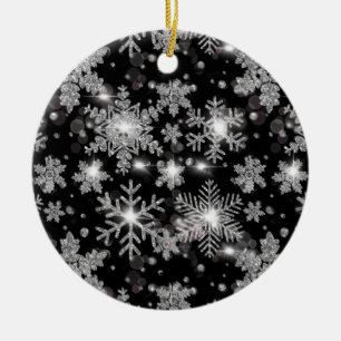 Elegante Kerst zwarte witte zilveren sneeuwvlokken Keramisch Ornament