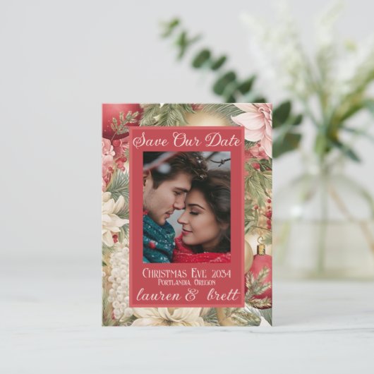 Elegante Kerstavond Romantische Fotobruiloft Aankondigingskaart (Staand voorkant)