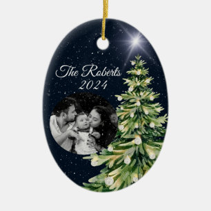 Elegante kerstbomen Donkerblauw Familiefoto Keramisch Ornament