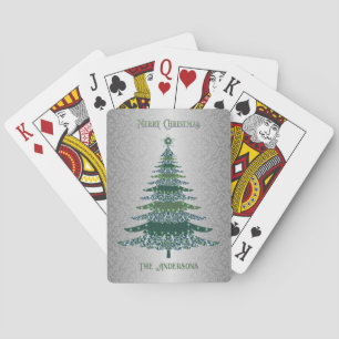 Elegante Kerstboom Groene Zilveren Naam Ornamenten Pokerkaarten