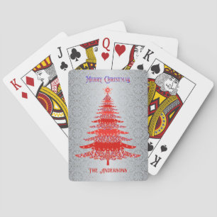Elegante Kerstboom Rode Zilveren Naam Ornamenten Pokerkaarten