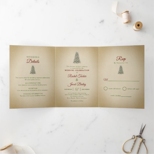 Elegante Kerstboom Winter Bruiloft Drieluik Uitnodiging (Binnen)