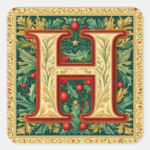 Elegante kerstbrief H: rood, groen, goud Vierkante Sticker